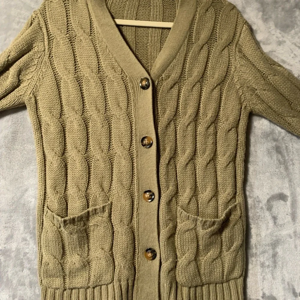 Vintage Cardigan Sweater Medium Green Cable Knit V-Neck Chunky Soft‎ Grandpacore